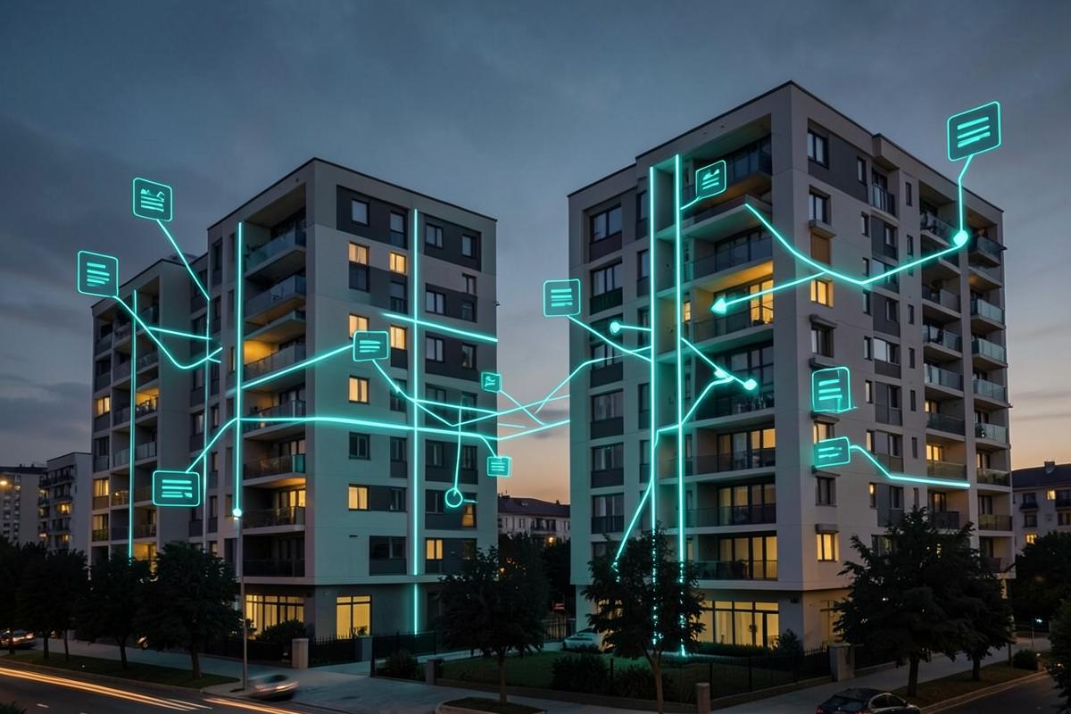 Residential buildings at dusk linked by glowing data lines
